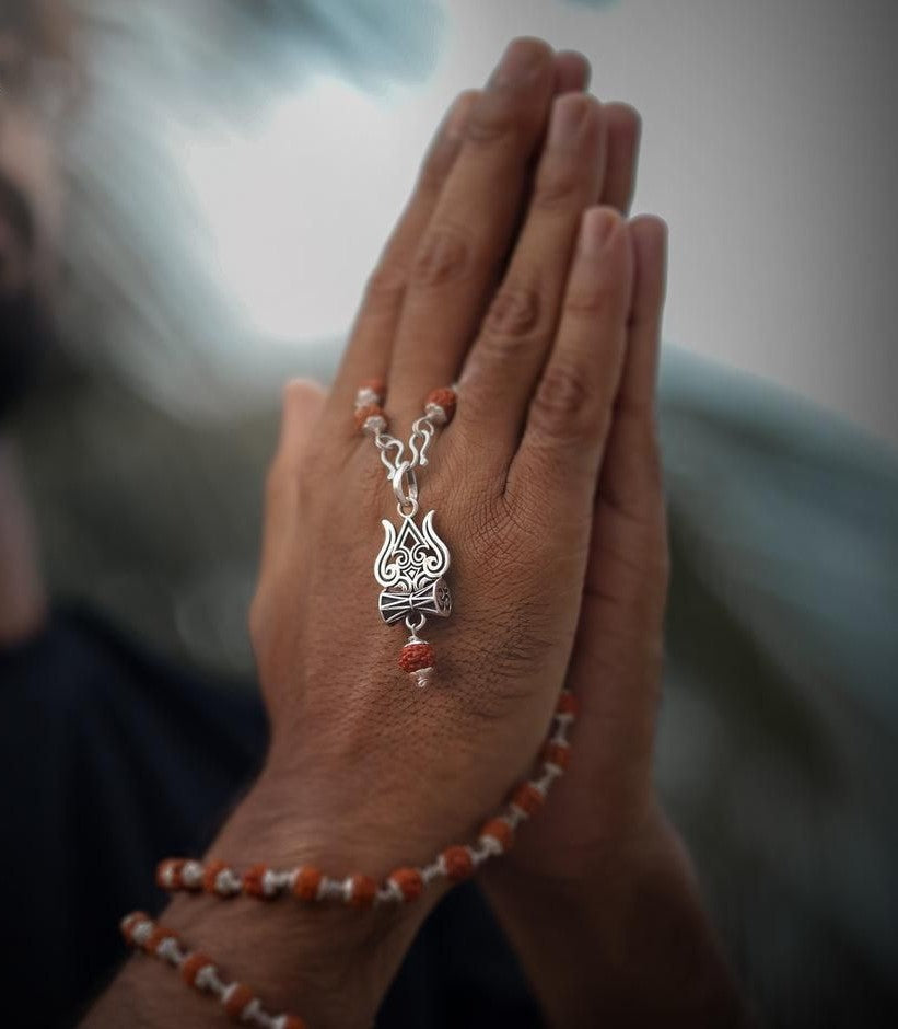 Trishul Damru Rudraksha Pendant with Orignal Rudraksha Mala